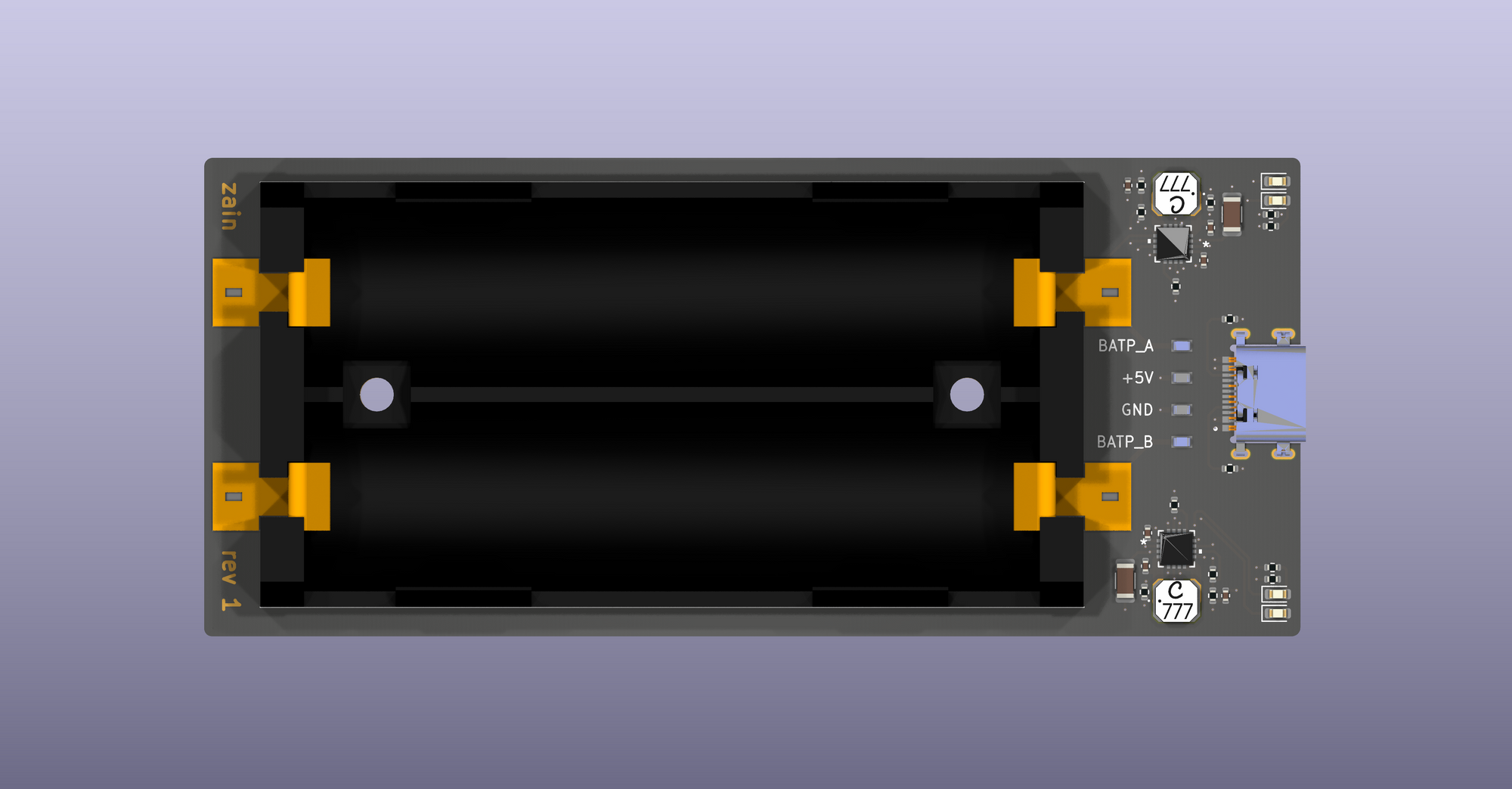 Ray-traced KiCad render of the 18650 charger PCB.