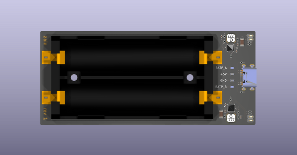 Ray-traced KiCad render of the 18650 charger PCB.